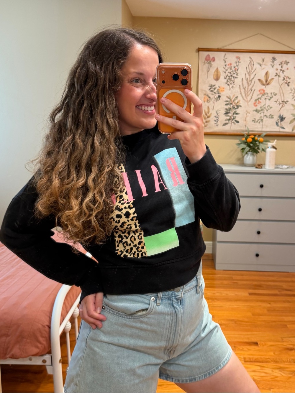 Rails Cotton Black Graphic Cropped Sweatshirt Color Block and Leopard Print S